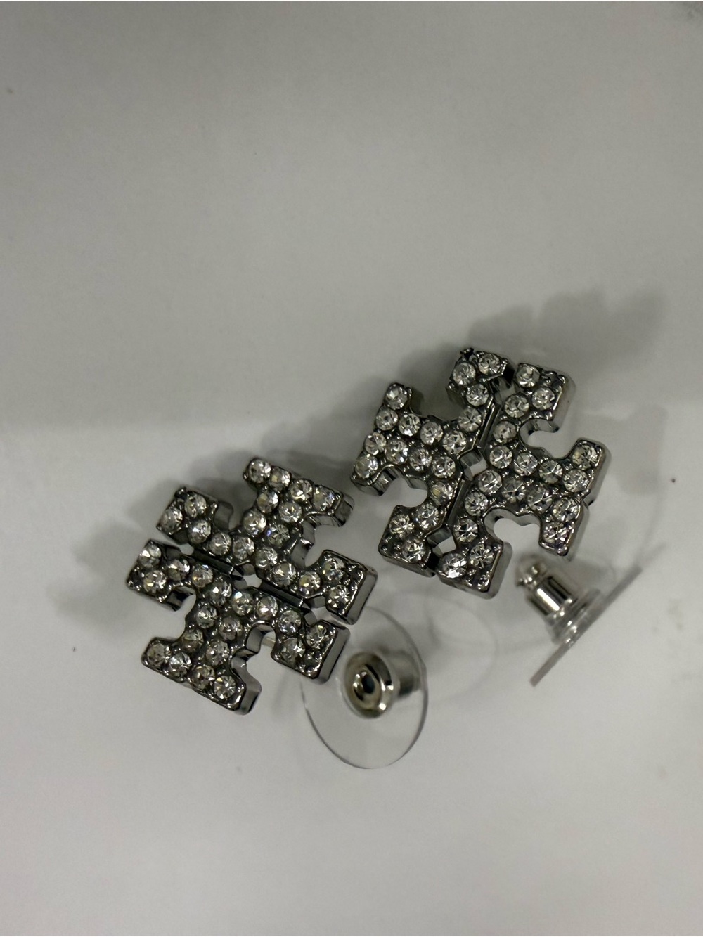 Tory Burch Crystal Logo Stud Earrings in Silver